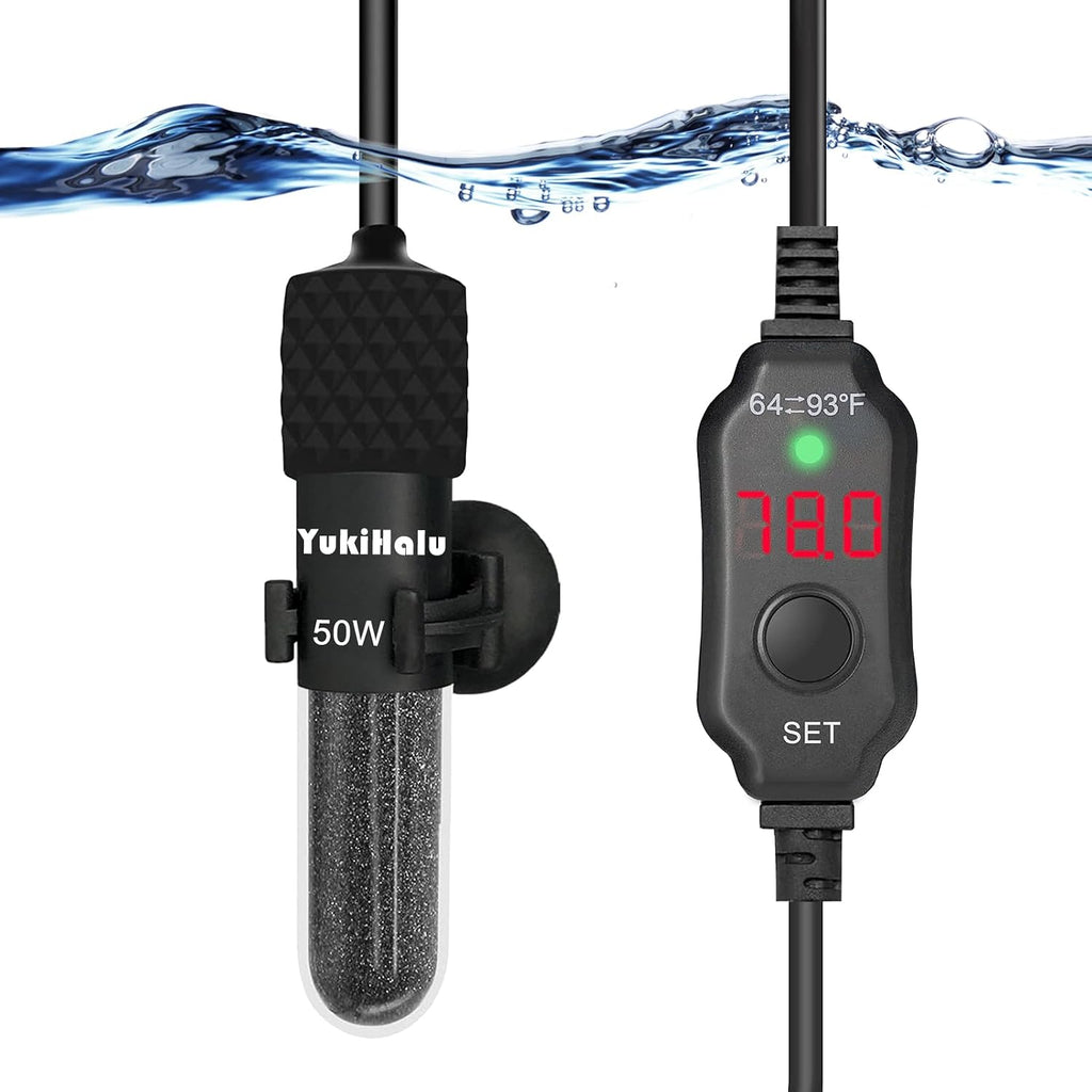 YukiHalu Small Submersible Aquarium Heater, Adjustable Mini Fish Tank Heater 25W 50W 100W 200W 300W with External Temperature Controller, LED Display, Used for 5/10/20/40/60 Gallons (50 Watts)