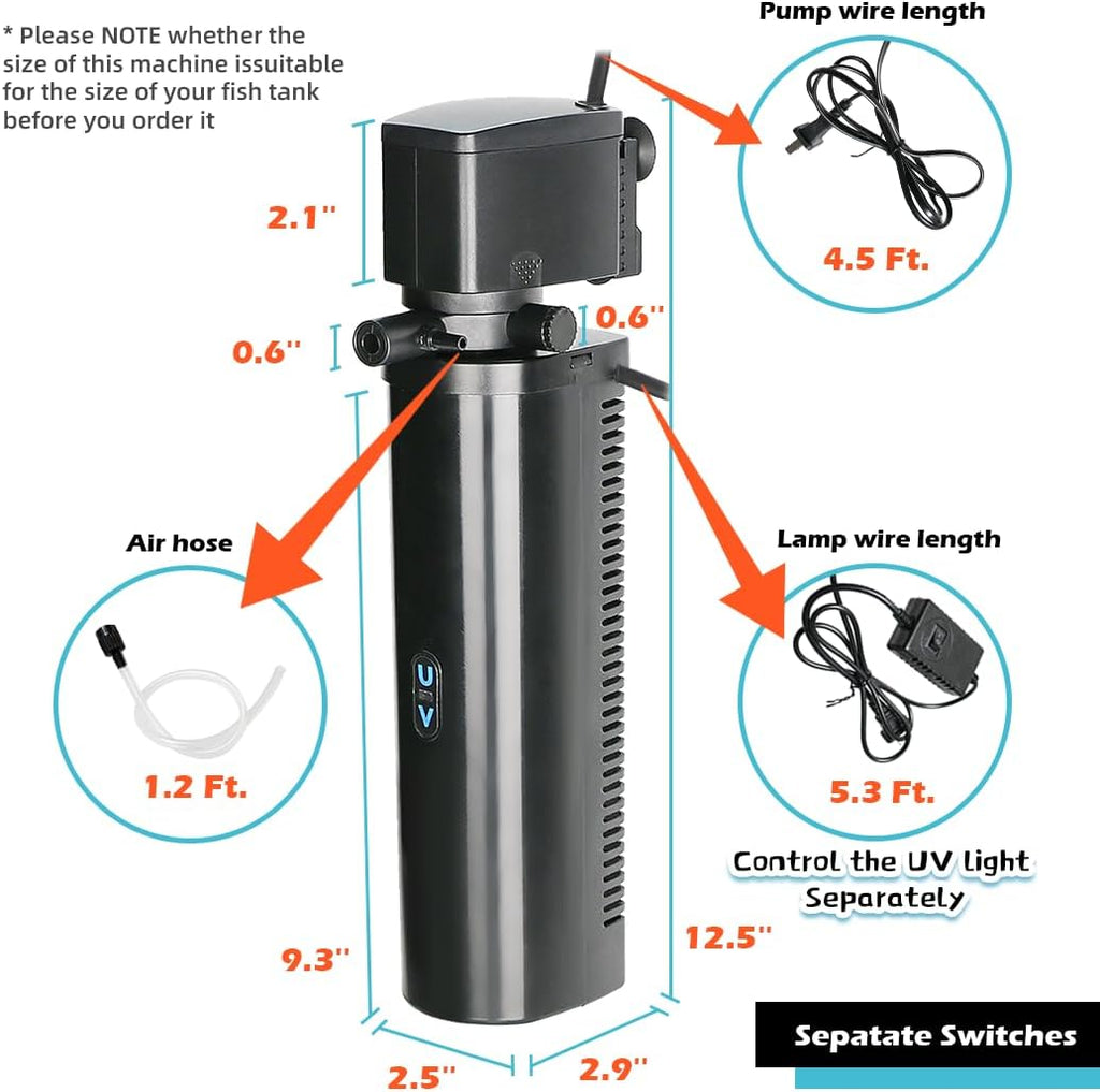 COOSPIDER Aquarium Filter with 7W U-V Light 300GPH for 75-200 Gallon Tank