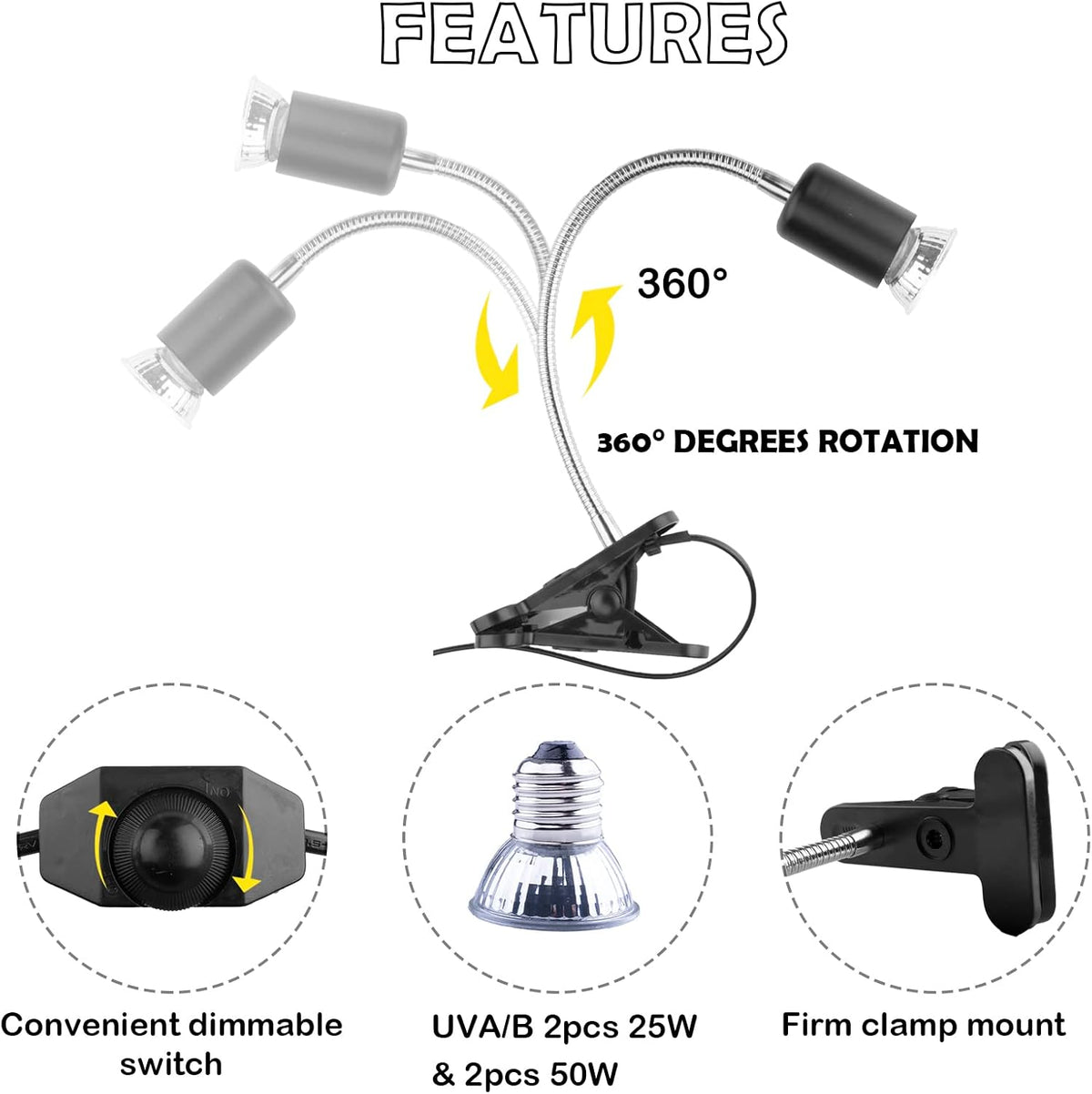 Reptile Heat Lamp,360° Rotatable Basking Spot Light ,Dimmable Heating Lamp