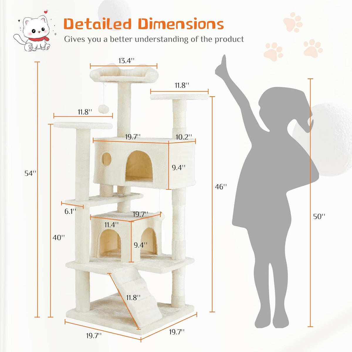 Hexago 54 Inch Cat Tree Tower for Indoor Cats, Multi-Level Cat Condo with Scratching Posts, Climbing Ladder, Plush Hammock, and Toy Ball, Stable Cat Play House Furniture, Beige