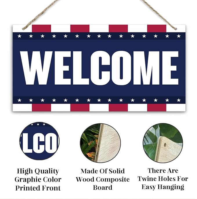 Welcome Sign for Front Door, Welcome Decor Wooden Hanging Sign, Patriotic - Image 3