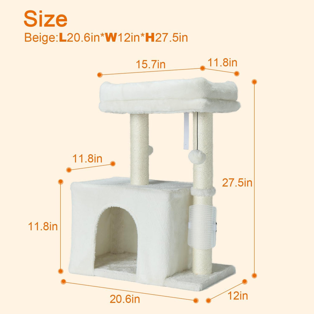 PEEKAB Small Cat Tree Tower,Scratching Post with Condo and Perch for Indoor Cats and Kittens,with Dangling Ball Massage Brush,Beige