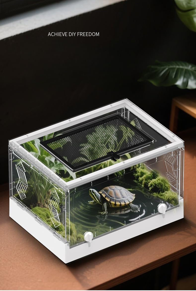 Large Portable Reptile Tank with Multi-Observation Perspective Foldable and Bottom Pulley, Ideal Habitat for Gecko, Frog, Spider and so on (White Extra Large)