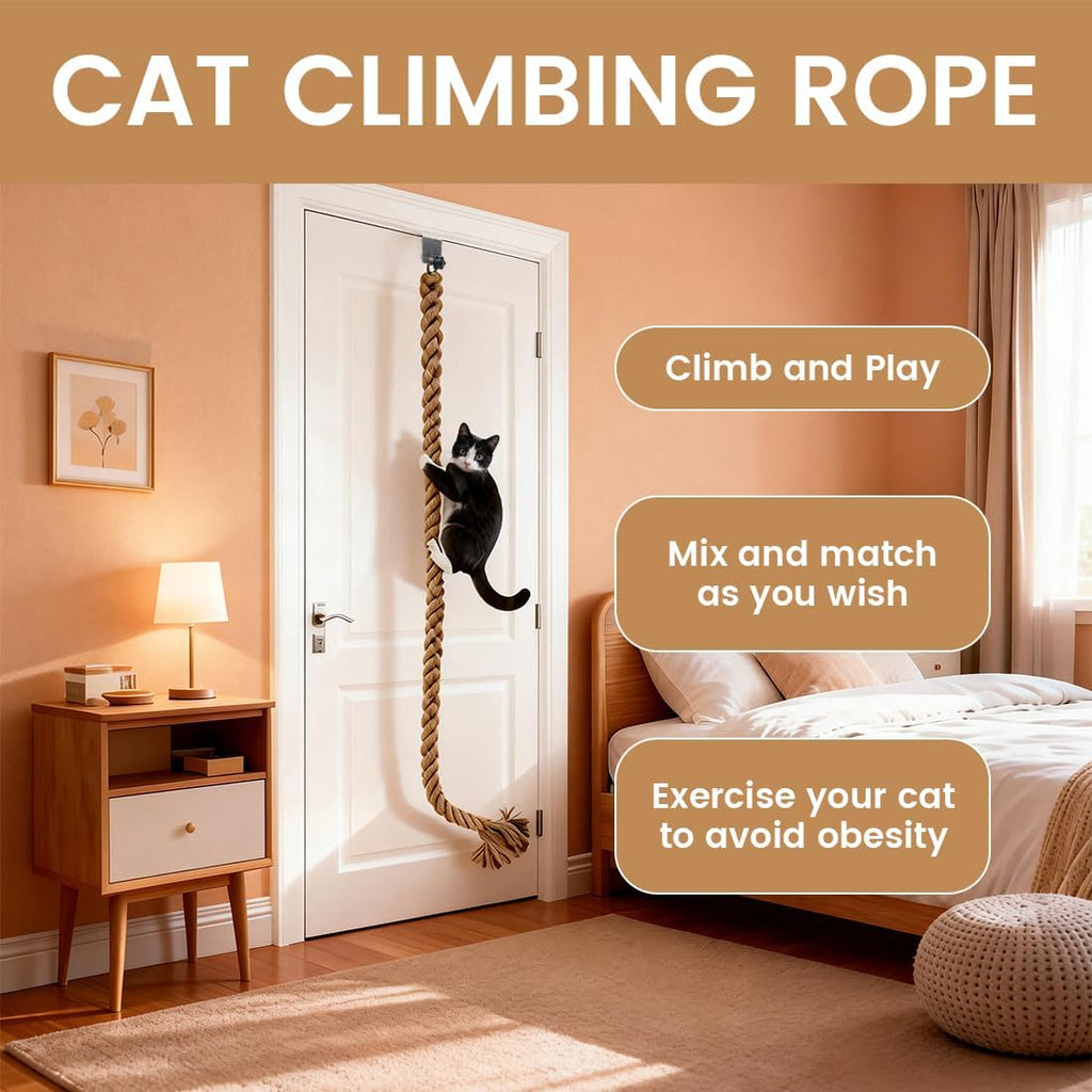 Cat Climbing Rope with U Clip, All-Mounted Clip-on Installation Cat Tree with Climbing Rope for Kitten, Durable Space Saving Cat Climbing Ropes Toy for Doors, Tables, Cabinets,Outdoor Wooden Frames