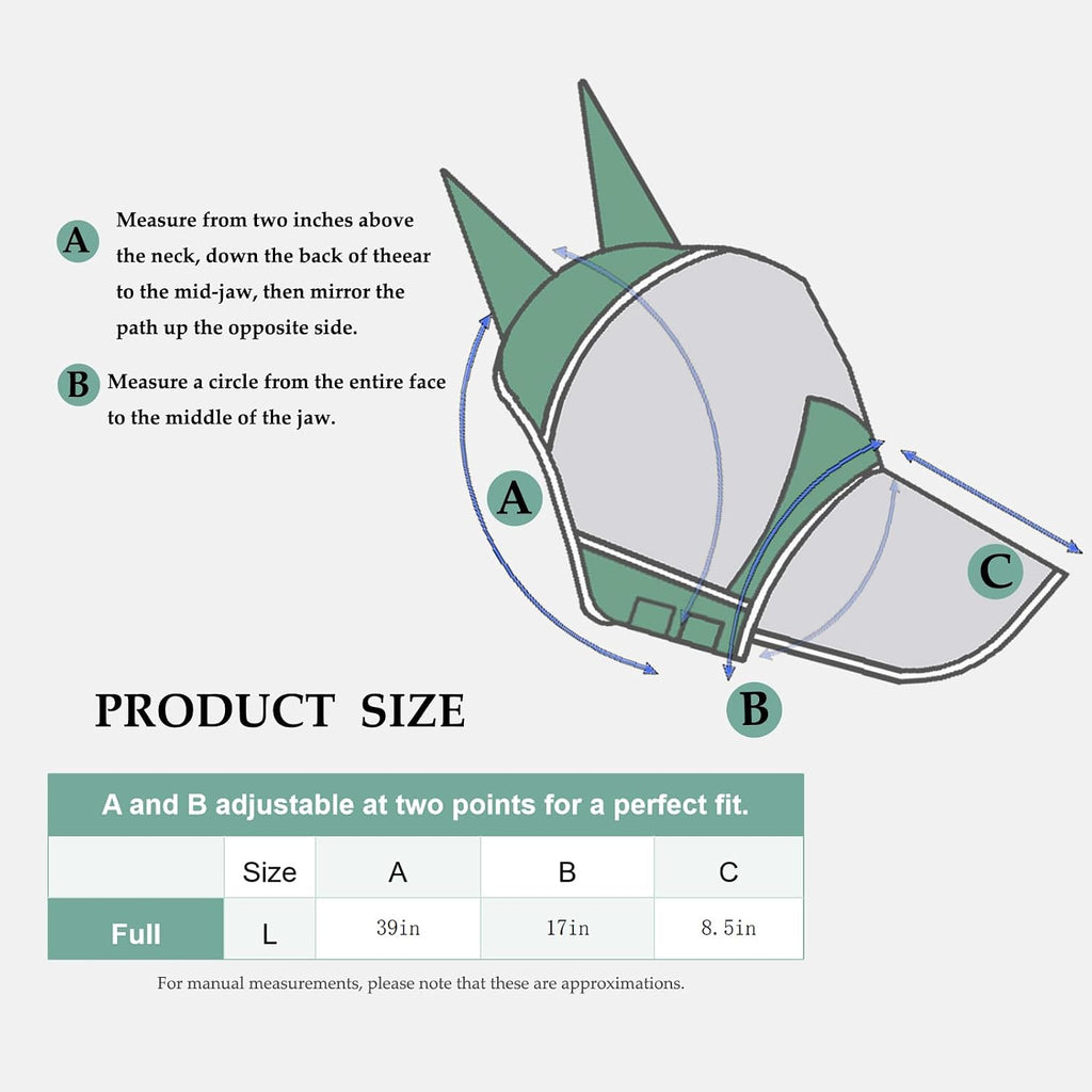 Fly Masks for Horses with Ears and Nose Cover - Comfortable Horse Fly mask with Ears for UV Protection & Sun Shield – Soft Lightweight- Breathable Horse mask (Long Nose, L)
