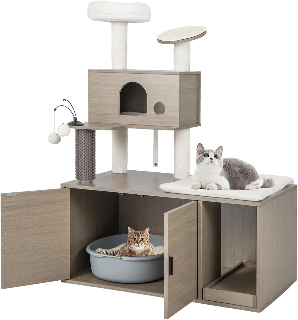 Cat Tree with Litter Box Enclosure, 2-in-1 Modern Cat Tower with Condos, Top Perch, Sisal Posts, Scratching Board, Platform, Dangling Balls, Hidden Litter Box with Cat Tree (52 Inches Tall)