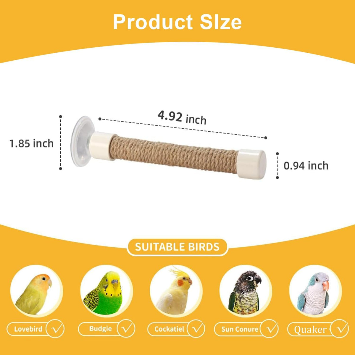 Suction Cup Bird Perch for Window, Natural Wood Parrot Stand with Strong Suction Cups, Portable Travel Perch for Shower/Bath/Car, Training Perch for Parakeet Cockatiel Conure Budgie (Medium)