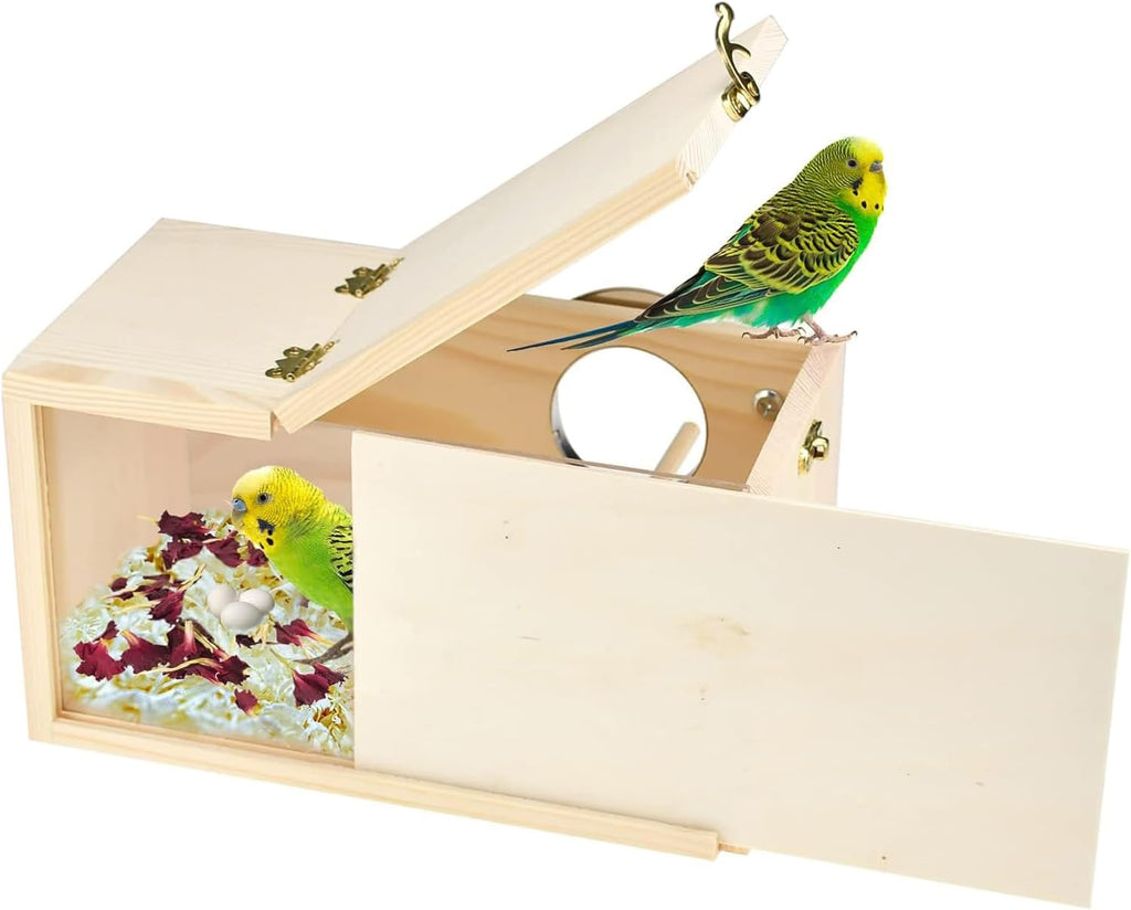 Parrot Nesting Box Cockatiel Nesting Box Bird Breeding Box House Handcrafted Wooden Acrylic Transparent Bird Box with Detachable Wooden Board for Parakeets Cockatiel Budgie Conure Parrot L