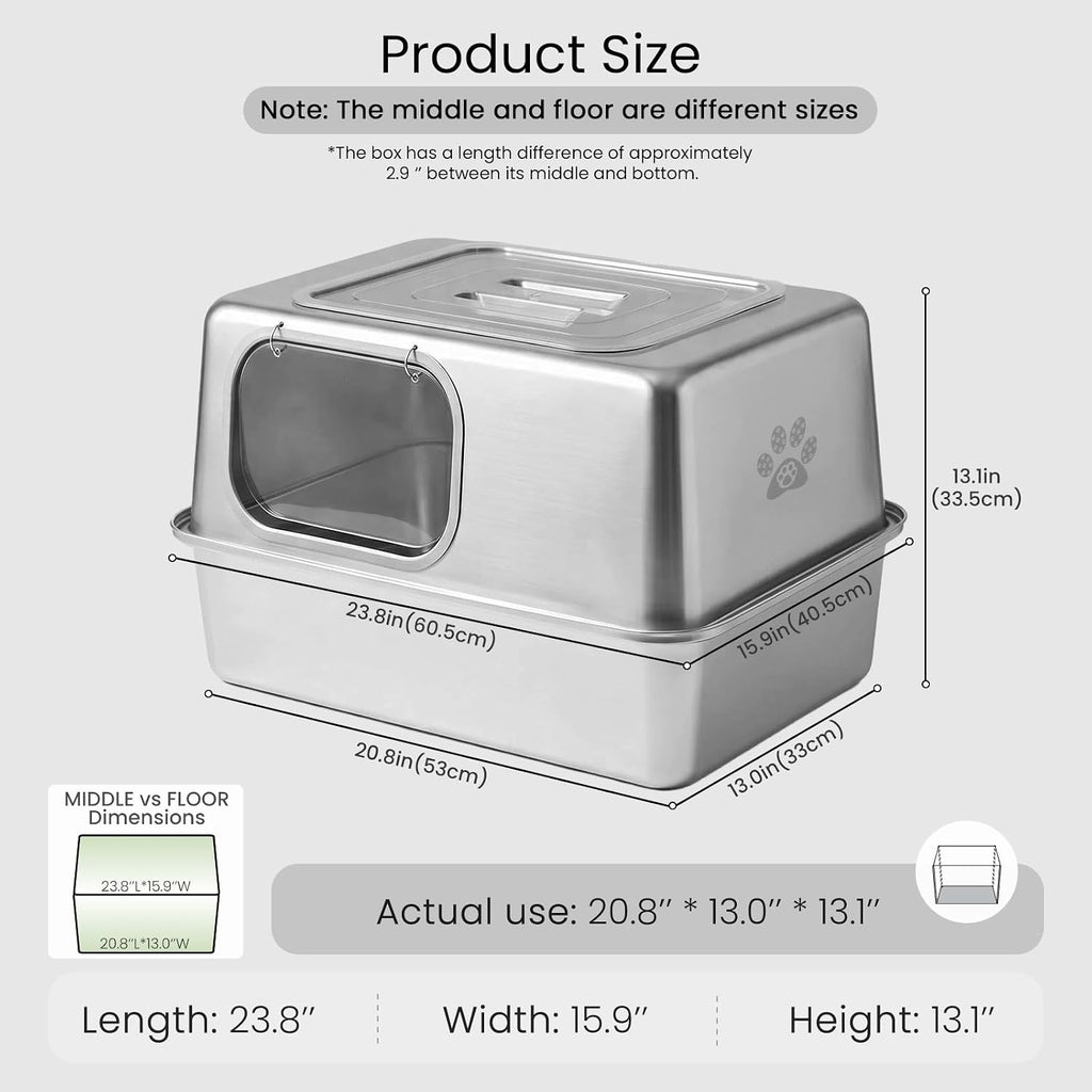 Ptlom Enclosed Stainless Steel Litter Box for Large Cats, Leak-Proof Metal Cat Toilet with Lid, Ventilated Top Opening Covered Cat Pan High Sided Walls, Scoop & Litter Mat, 20.8" x 13.0" x 13.1"