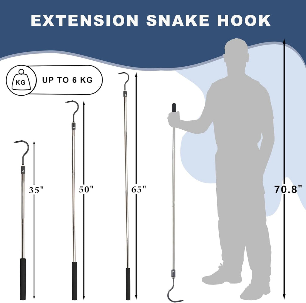 Snake Hook, 35"-65" Reptile Snake Hook Heavy Duty Long for Ball Python Rattlesnakes Rattle Copperhead Removal with Sponge Grip and Stainless Steel Rubber Tip Hook (55inch)