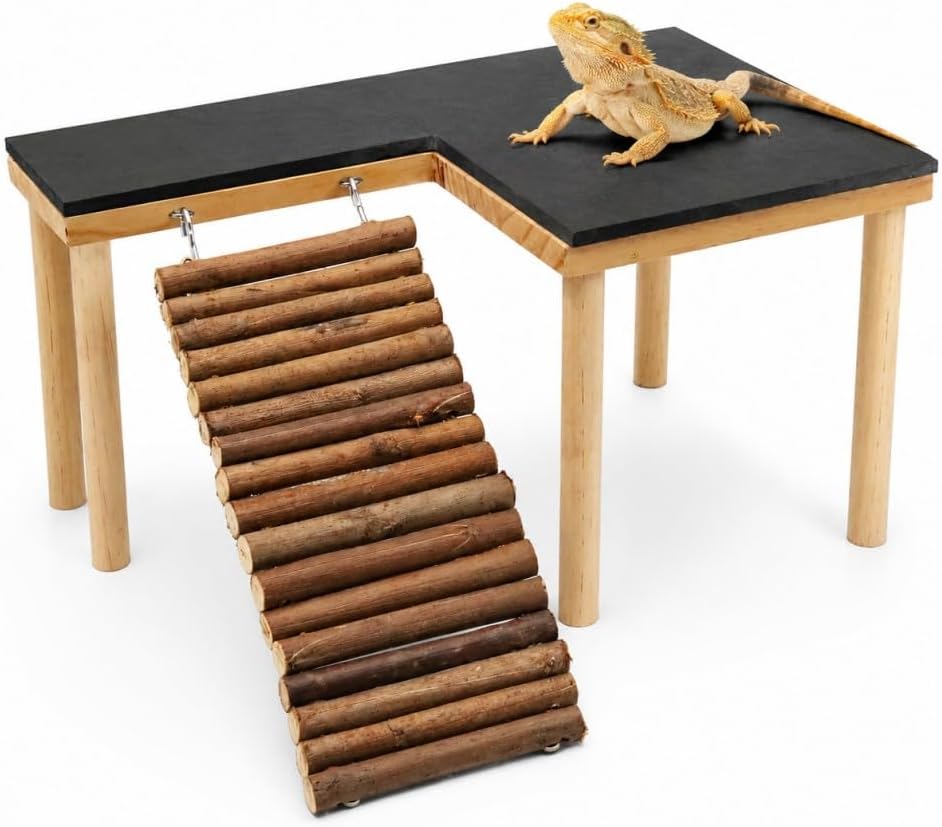 Bearded Dragon Basking Platform, Bearded Dragon Tank Accessories, Reptile Basking Rock with Climbing Ramp and Hideout Cave, Wooden Reptile Habitat Decor for Lizard Gecko Tortoise Snake