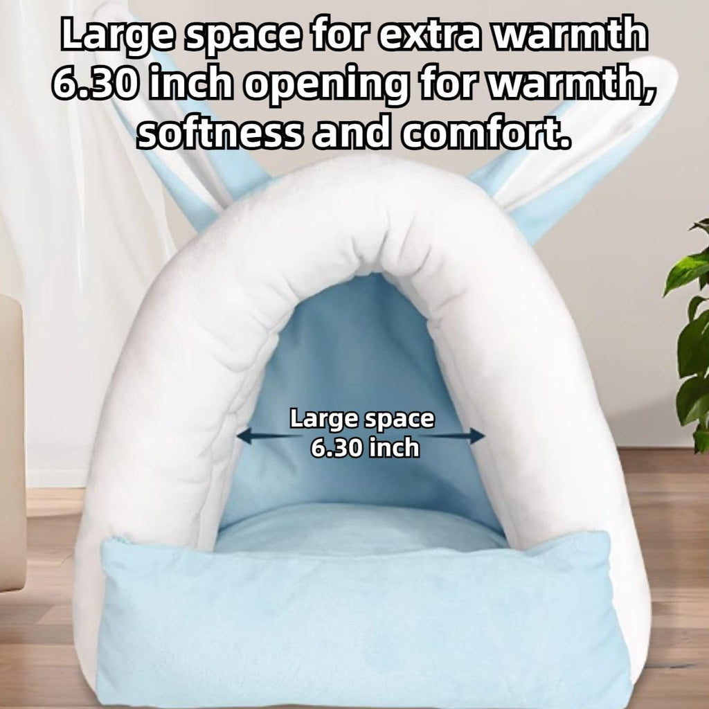 Adorable Bunny Bed Guinea Pig Hideout Warm Rabbit House Soft Cave Tent Washable Small Animal Nest (Blue)