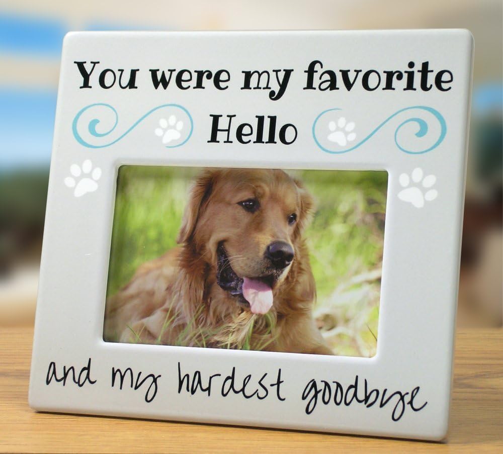 BANBERRY DESIGNS Pet Memorial Picture Frame for Dogs – You Were My Favorite Hello and My Hardest Goodbye Bereavement Gift – Ceramic Sympathy Photo Frame – Holds 4 x 6 Inch Picture – 8 x 7.25 Inches
