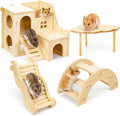 4-Piece Hamster Cage Accessories Set, Wooden Platform, Hideout Tunnel, Ladder and Climbing Playhouse for Dwarf Hamsters, Syrian Hamsters, Mice, Gerbils, Degus and Small Pets