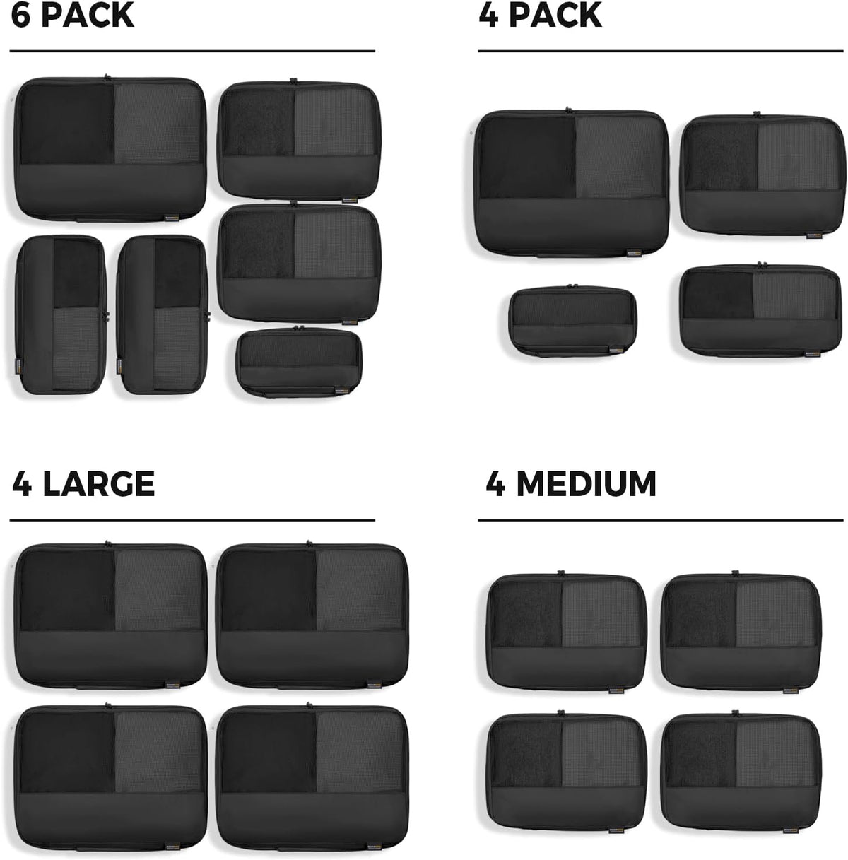 4 Large Compression Packing Cubes for 7–14 Day Travel, Jet Black