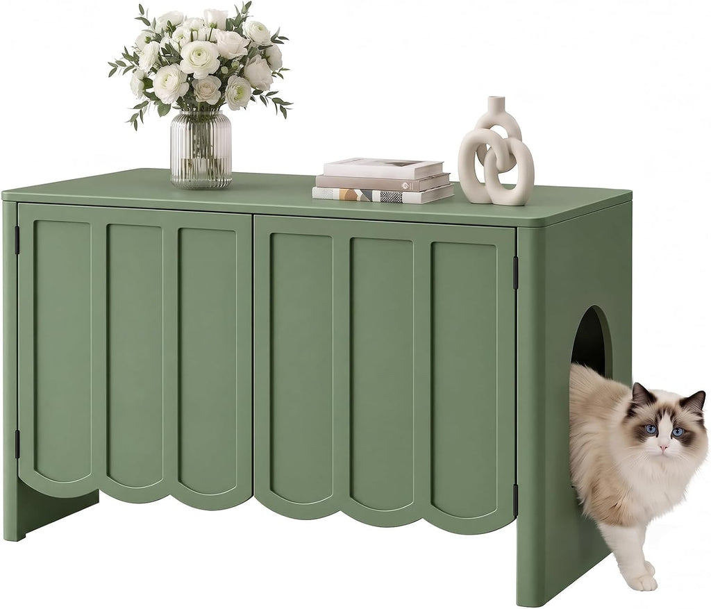 HOOBRO Cat Litter Box Enclosure, 31.5" Hidden Litter Box Furniture with Wavy Panels & Side Entry, Push-to-Open Doors, Litter Box Cabinet, Living Room End Side Table, Walnut WL27MW01