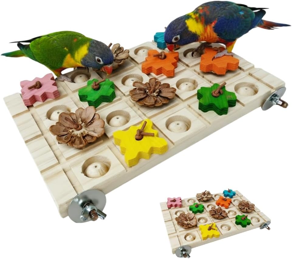 Bird Foraging Puzzle, Wooden Parrot Grinding Platform with Pine Cones, Interactive Birds Enrichment Puzzle for Small-Medium Parrots & Small Animals