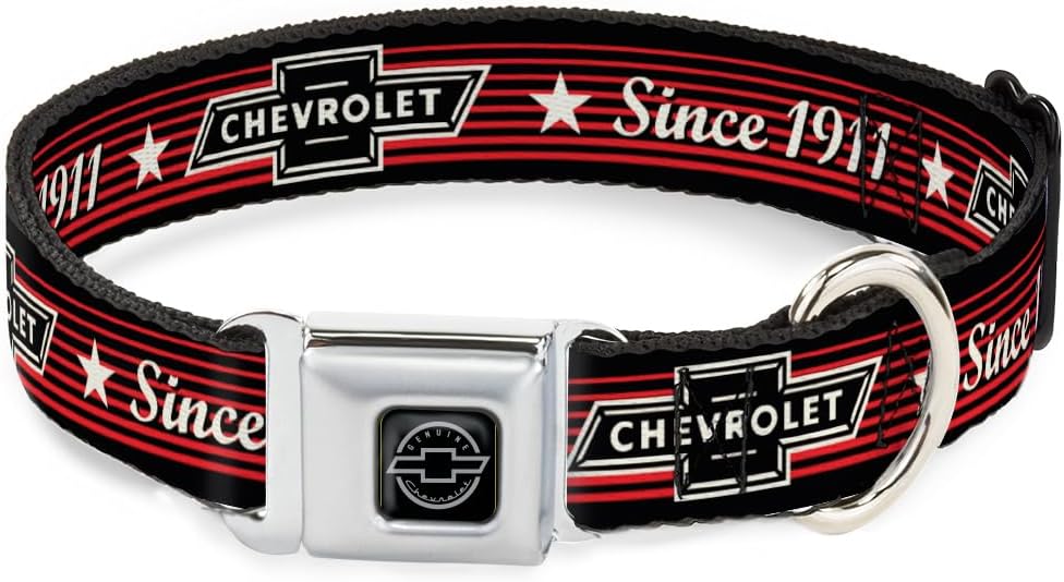 GM General Motors Easy Adjustable Metal Seatbelt Buckle Quick Release Dog Collar, Chevrolet Bowtie Since 1911, 15 to 24 Inches 1.0 Inch Wide