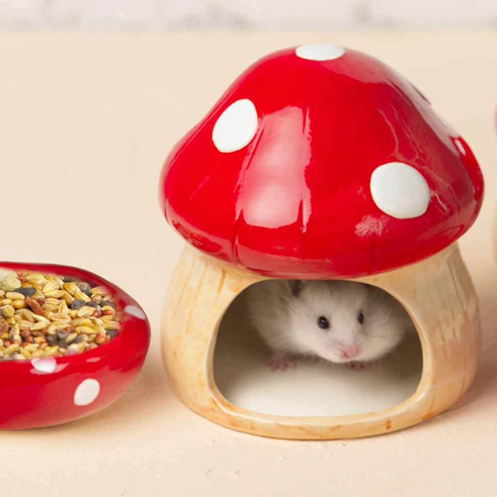 Ceramic Mushroom Hamster Hideout with Food Bowl, Small Animal House(Red)