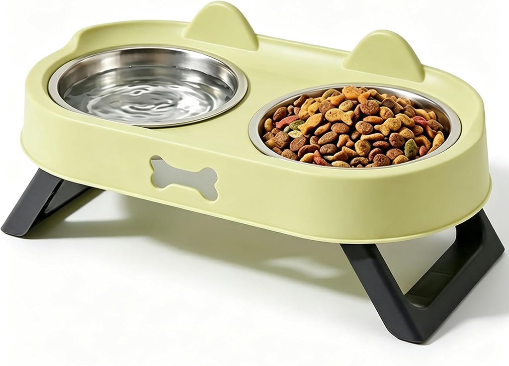 Elevated Cat Bowls with Foldable Stand, Anti Vomiting Raised Cat Food and Water Bowl Set, 2 Stainless Steel Dishes for Cats and Puppies, Splash Proof Non-Slip Neck Protection Pet Feeder (Green)