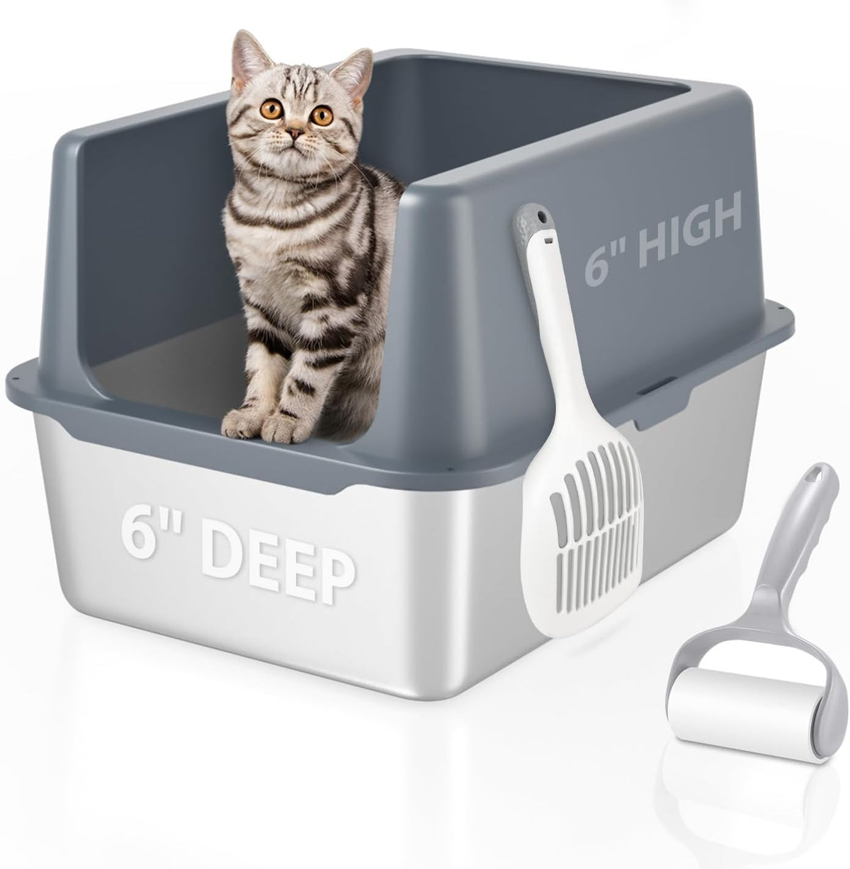 Litter Box with Lid, Stainless Steel Cat Litter Box, 12" High, Grey