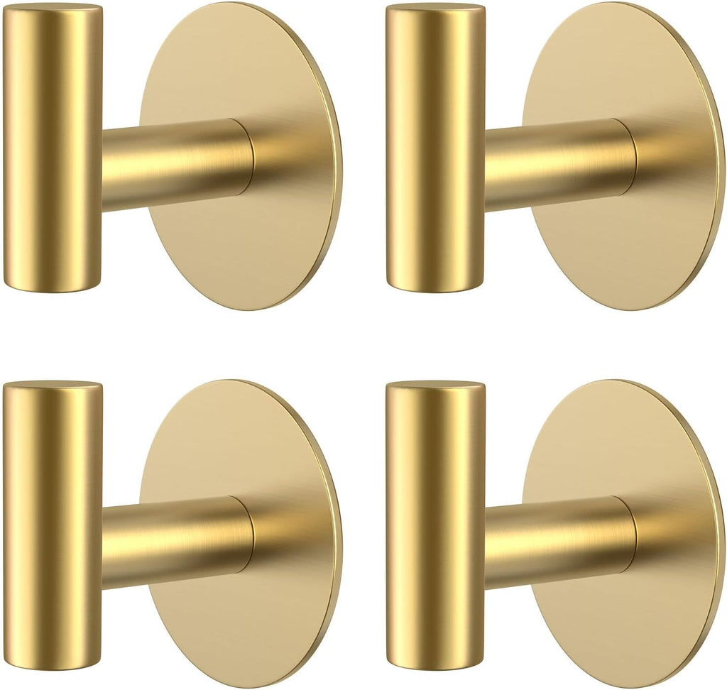 Gold Stainless Steel Wall Hooks, Heavy Duty Self-Adhesive Hooks for Coats, Towels, Robes, Hats, Aprons – No Drill Bathroom, Kitchen, Hotel (4 Pack)