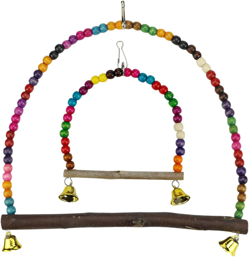 2 Pcs Wooden Bird Swing for Cockatiels Parakeets - Natural Wood Perch Hanging Toy with Colorful Beads Bell, Birdcage Climbing Accessories for Lovebirds Conures Budgies