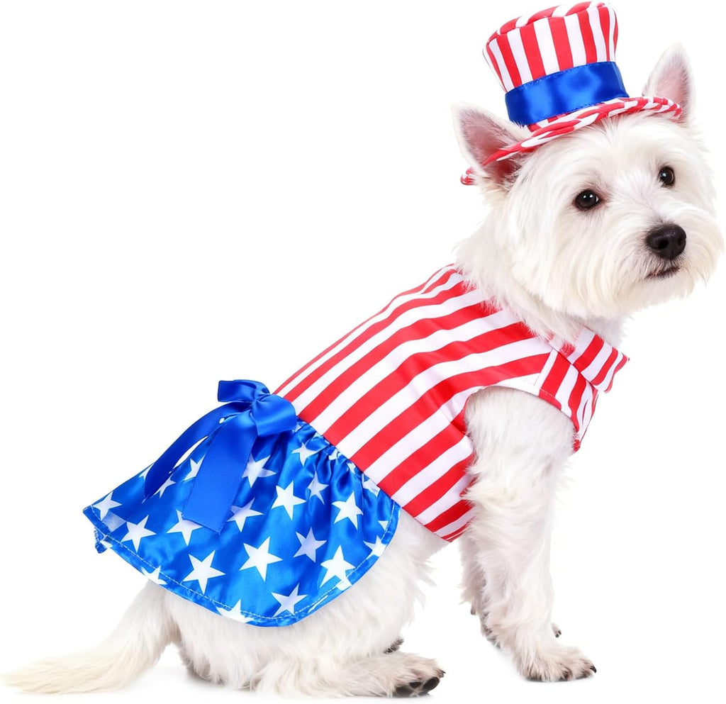 GabeFish Dog 4th of July Dress, Uncle Sam Costume for Pets, Cats Independence Day Clothes Apparel Girl Small