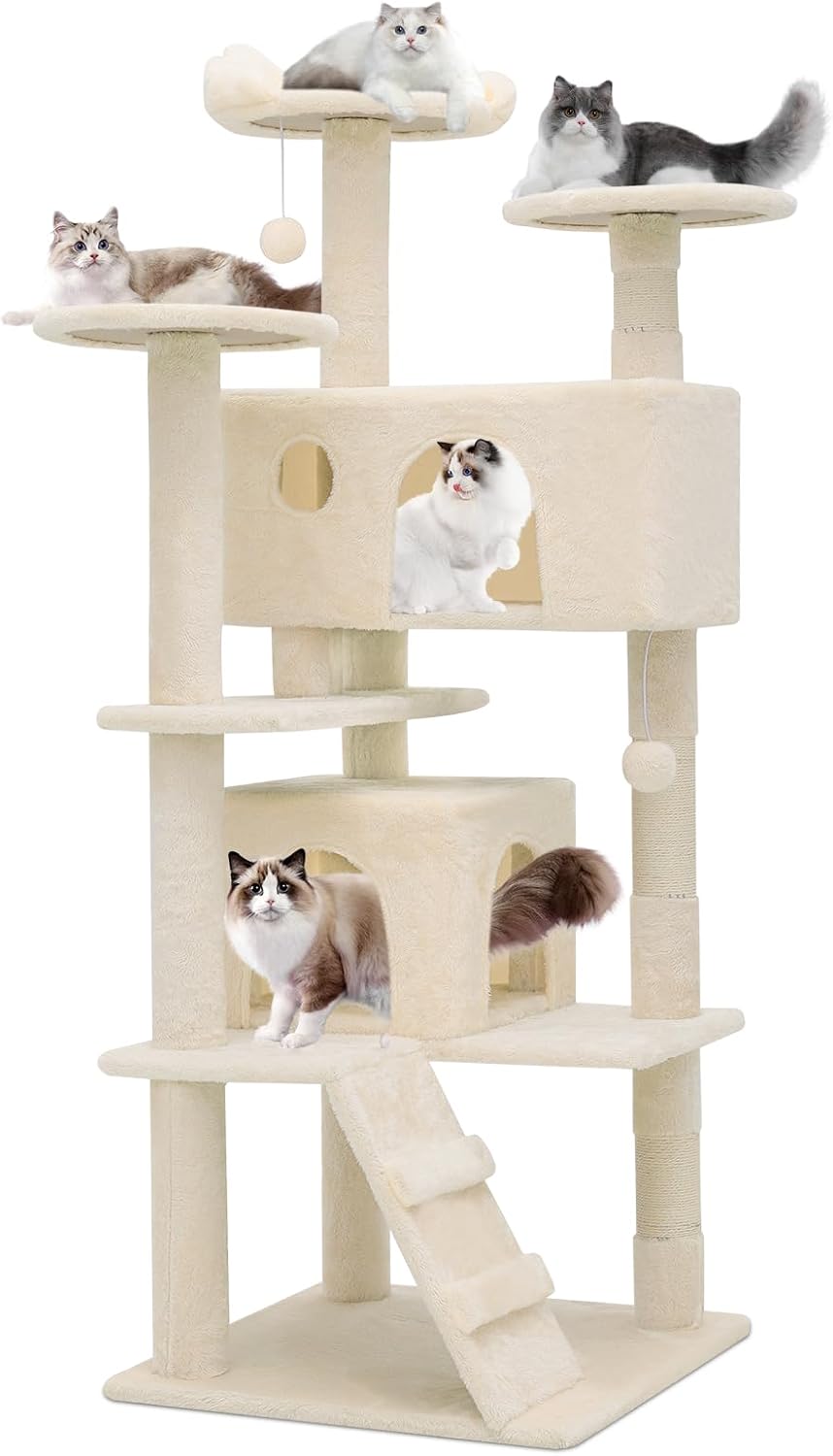Magshion Cat Tree 55" Cats Tower for Indoor Cats, Multi-Level Cat Condo with Scratching Post, Top Perch, Sisal Board and Dangling Ball, Cat Stand Jumping Platform Kittens Pet Play House (Beige)