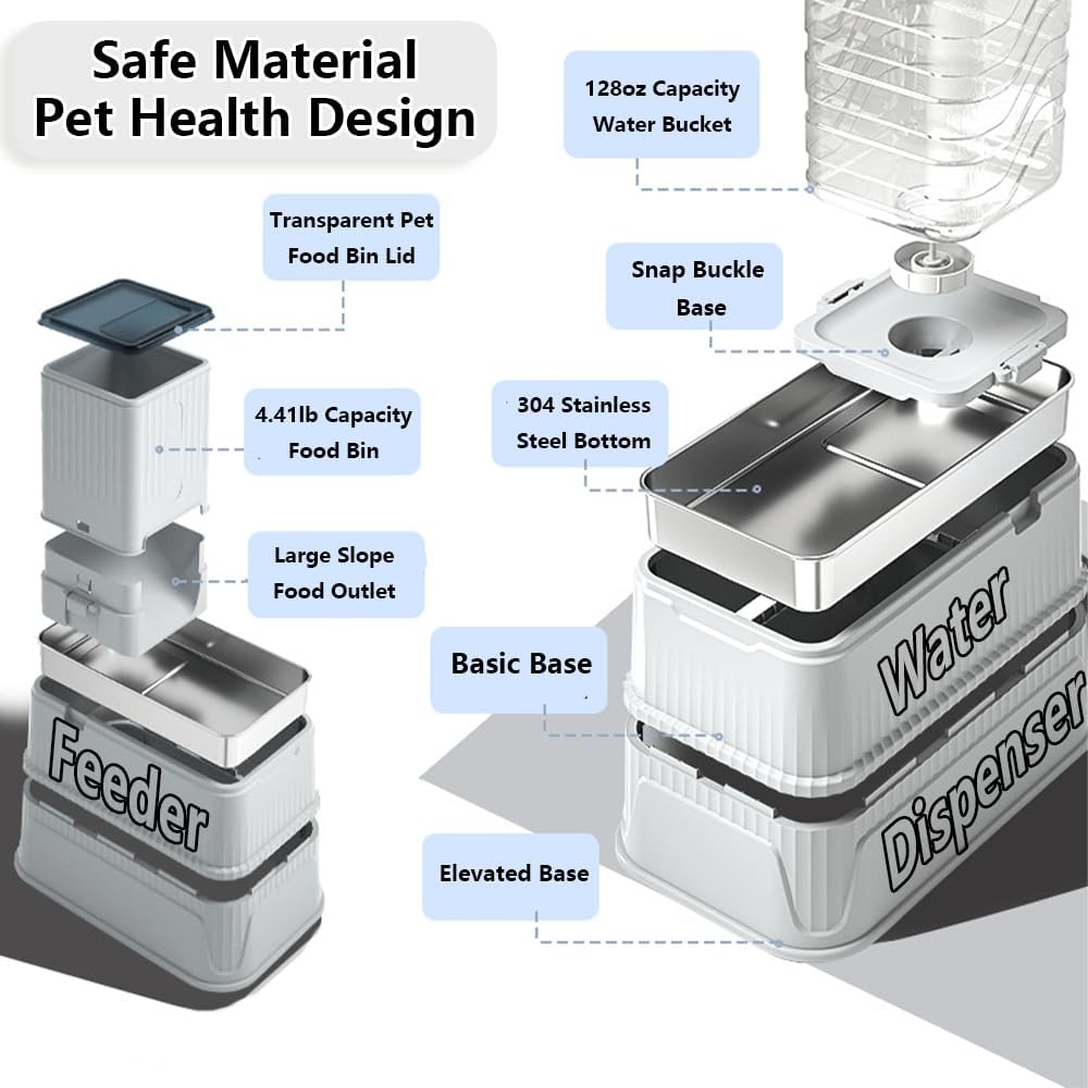 Elevated Automatic Pet Feeder & Water Dispenser, 128 Fl Oz/1 Gallon Water & 4.4lb Food Capacity, Stainless Steel Bowl, 2-Level Height Adjustable, Neck Protection for Small/Medium Dogs,Anti-Choking
