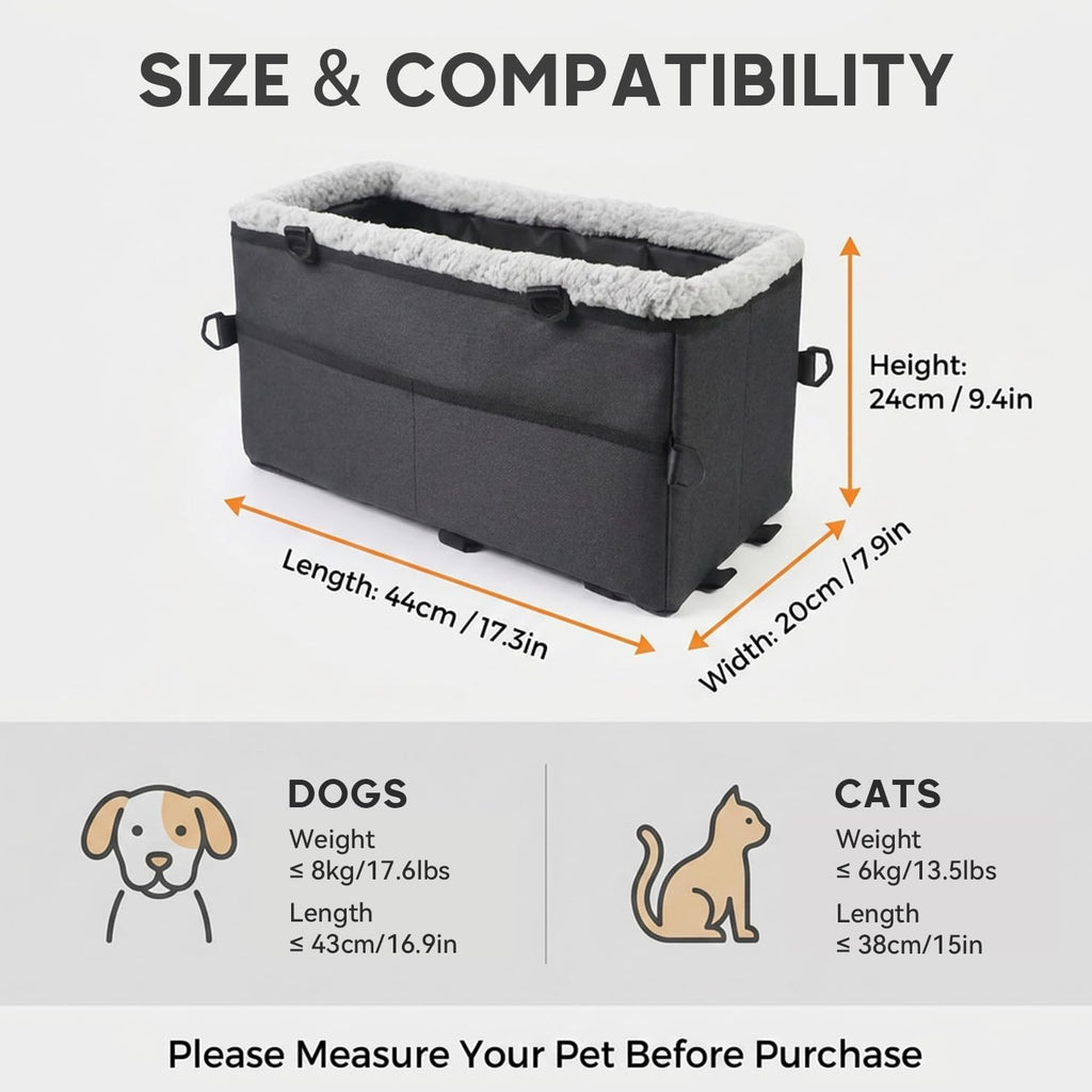 Small Dog Center Console Car Seat, Portable Carrier Bed with Safety Tether