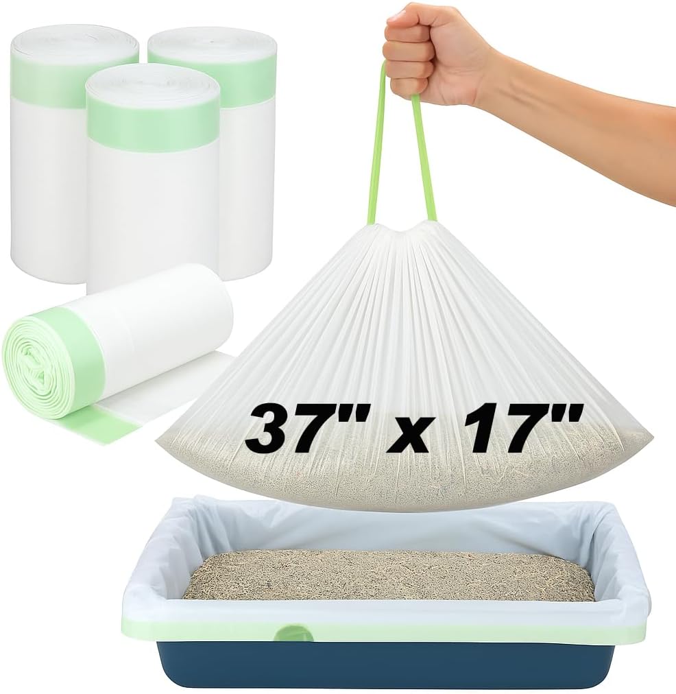 Thickened Extra Large Cat Litter Box Liners 37" x 17", 20 Count Kitty Waste Bags with Drawstring – Heavy Duty Tear-Resistant Waterproof Pre-Separated Cat Litter Pan Liners for Easy Cleanup