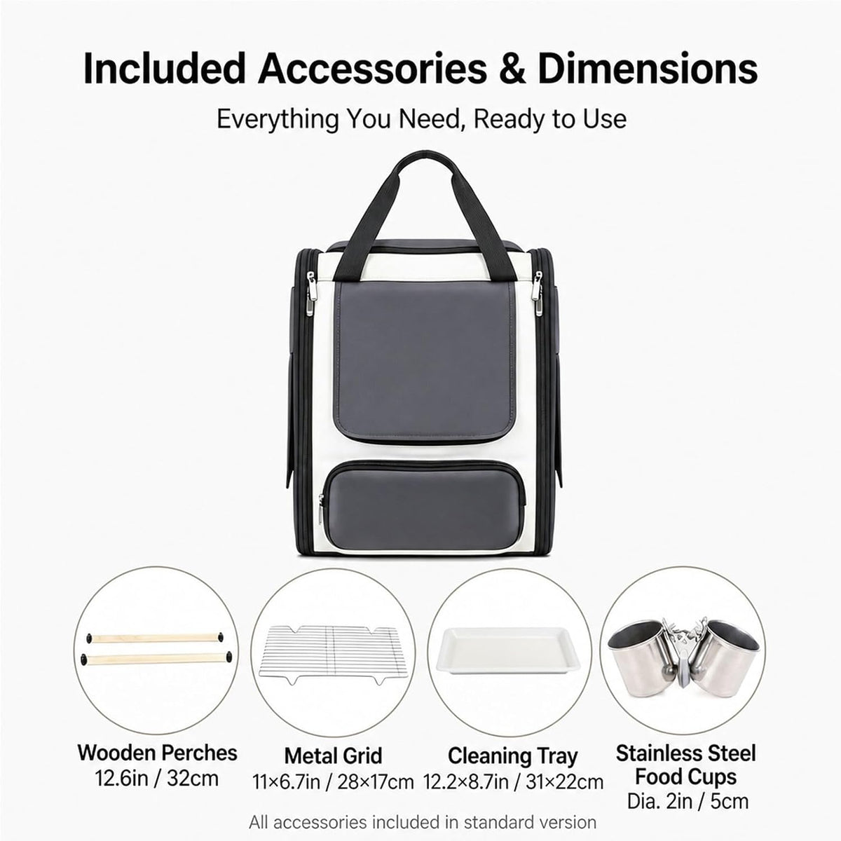 Bird Carrier Backpack, Breathable 3-Side Metal Mesh Bird Cage with Skylight, Large Opening Portable Travel Pet Cage for Parrot, Parakeet, Wildbird,Gray,Luxury