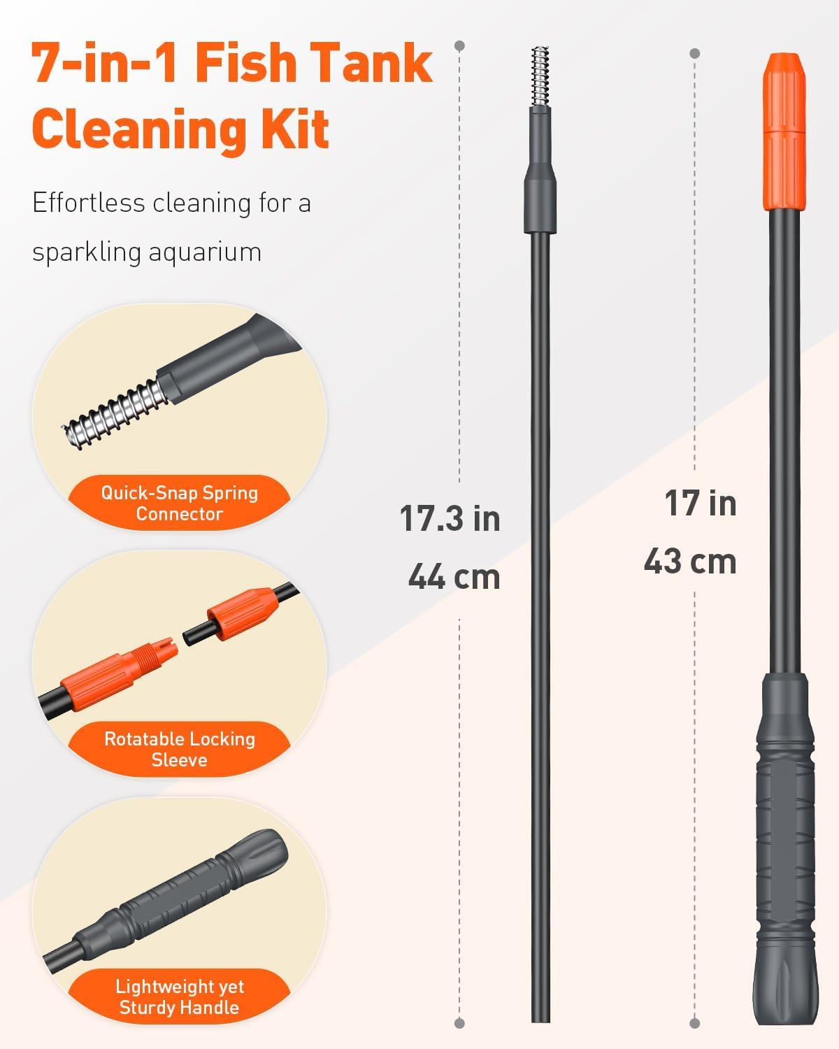 Pawfly Aquarium Cleaning Tools, 7 in 1 Fish Tank Cleaning Kit, Algae Scraper, Sponge Scrubber Pad, Brush, Gravel Rake & Fish Net with Adjustable Long Handle, Tank Cleaner Set