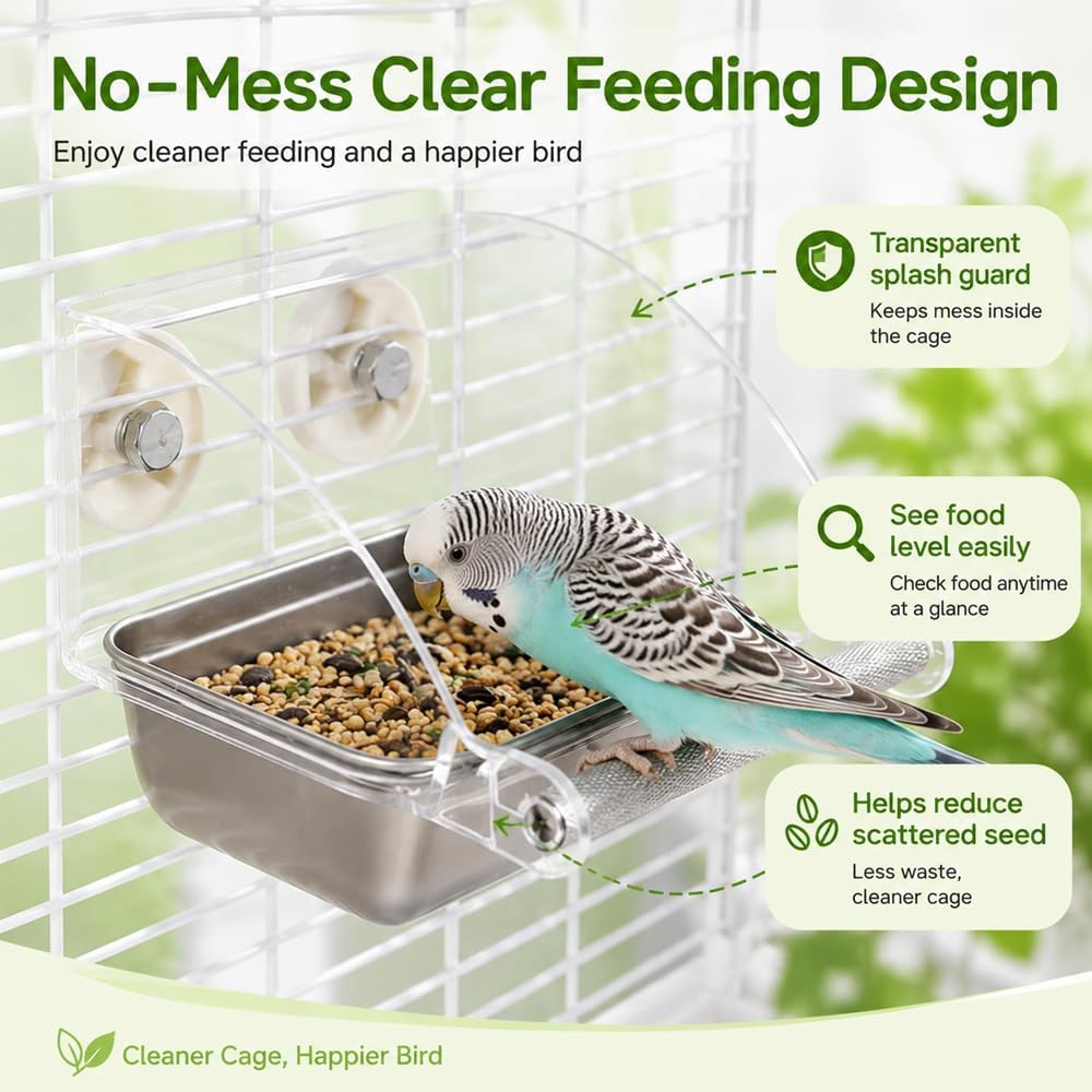 Bird Feeder for Cage - Stainless Steel Anti-Slip Bird Food Bowls, Spill-Proof Parakeet Feeder for Cockatiels, Lovebirds, Budgies, Small Birds