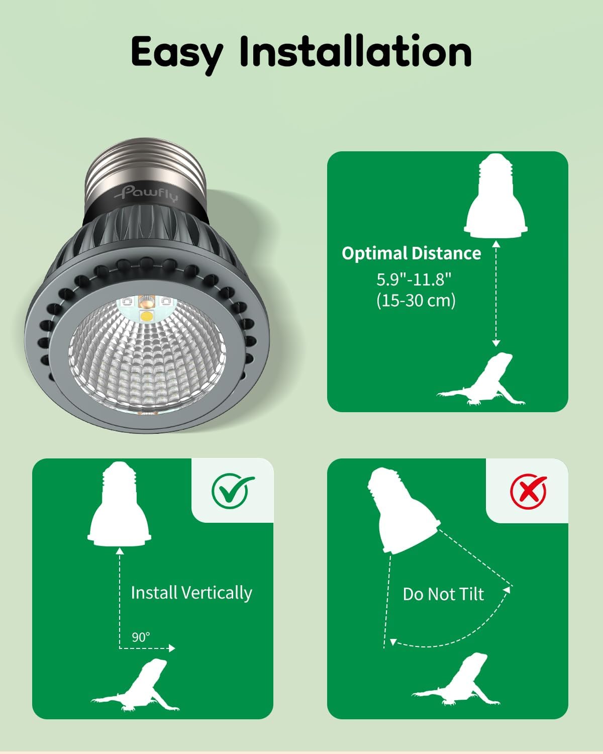 Pawfly UVB Light for Reptiles, 3 W 5.0 UVB Bulb, Tropical Reptile UVA UVB Lamp for Calcium & Vitamin D3 Synthesis, High Intensity LED Lamp for Turtle, Lizard & Red-Footed Tortoise