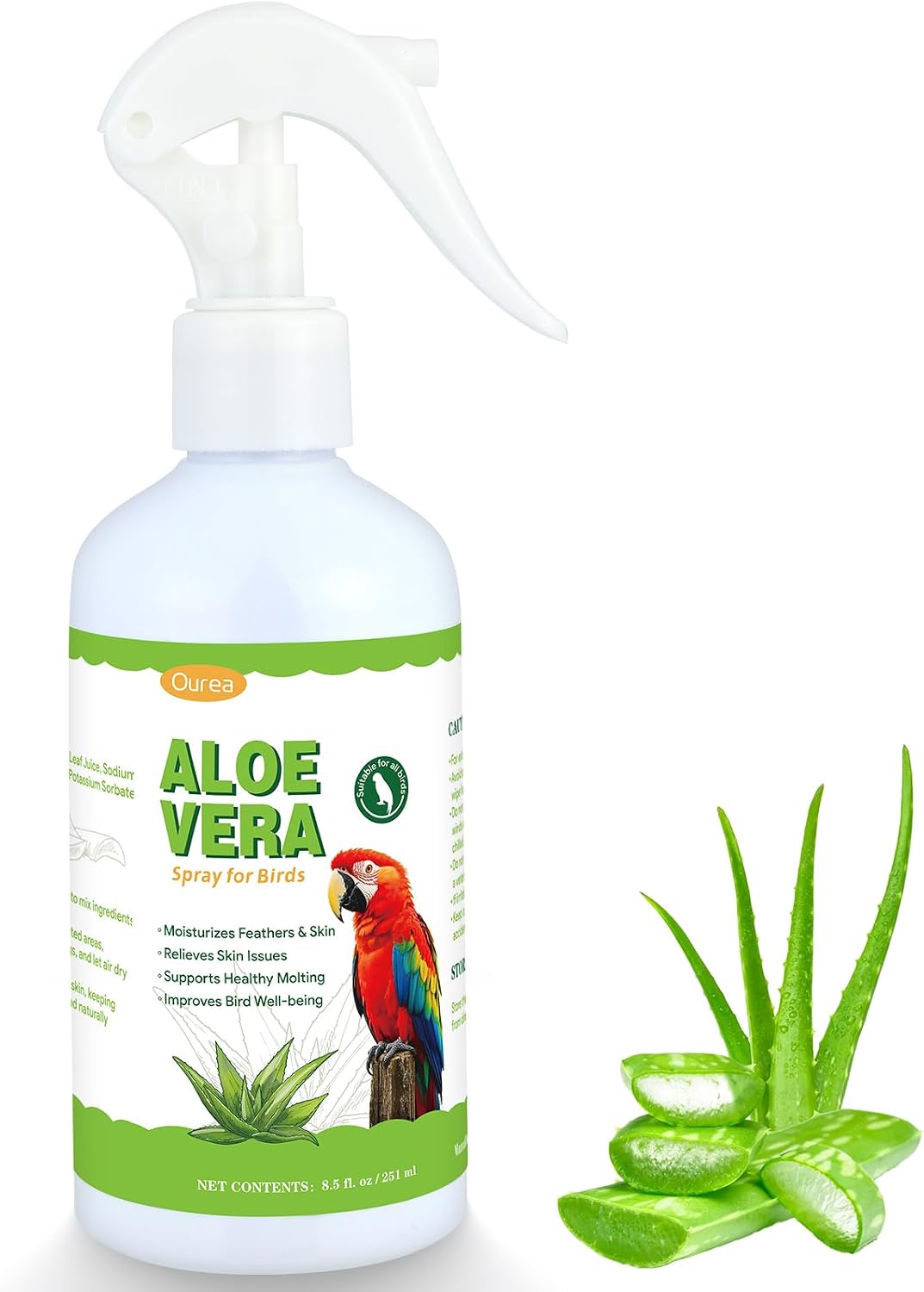 Aloe Vera Bird Spray, Moisturizes Feathers Soothes Dry Itchy Skin, Supports Molting Healthy Plumage, Prevent Feather Plucking Gentle Care, Safe Effective for Parrots Finches All Birds, Odor-Free