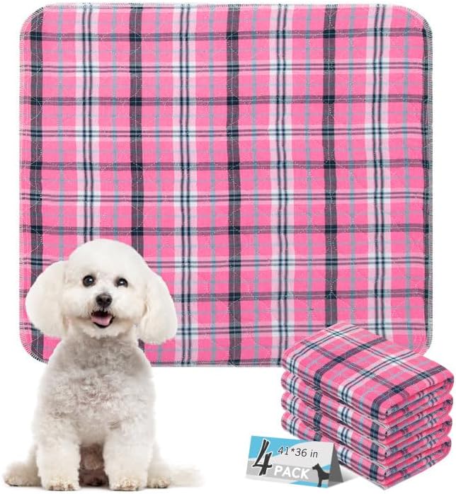 Washable Pee Pads for Dogs - 41”x36” 4PCS, Whelping Pad for Puppy Training, Playpen Crate Bed Floor Protector, Reusable Dog Potty Pads Non-Slip, Super Absorbent & Odor Controlling, Pink Plaid