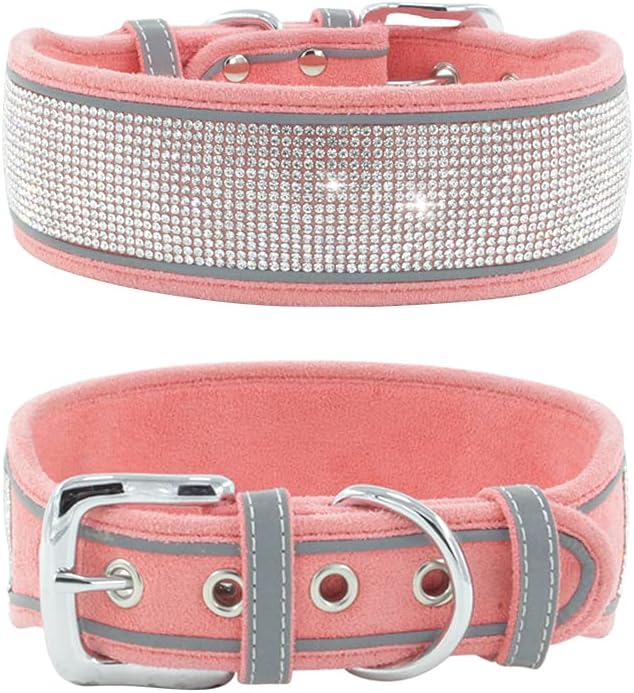 Rhinestone Dog Collar, Dazzling Sparkling Soft Suede Reflective Large Dog Collar Crystal Diamond Collar for Medium & Large Dogs (L:19-23", Red)