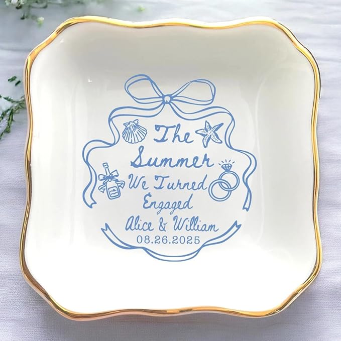 Personalized Ring Dish Engagement Gift, Whimsical Doodle Engaged Ring Holder by Anniversaree