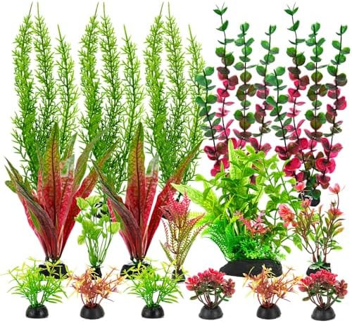 18Pcs Plastic Aquarium Plants, Weighted Base, Red Green Fish Tank Decor