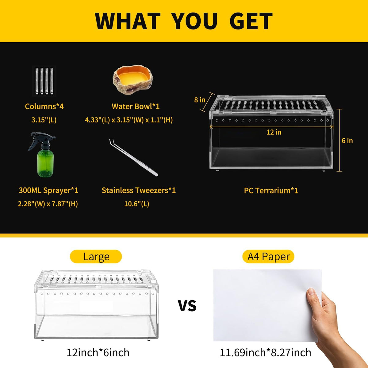 【No Assembly】 Reptile Tank Enclosure with Magnetic Button.12" * 8" * 6" Thicken Snake Enclosure Cage,Batch Stackable Reptile Breeding Tank for Insect,Fish,Tarantula,Hermit Crab,Jumping Spider