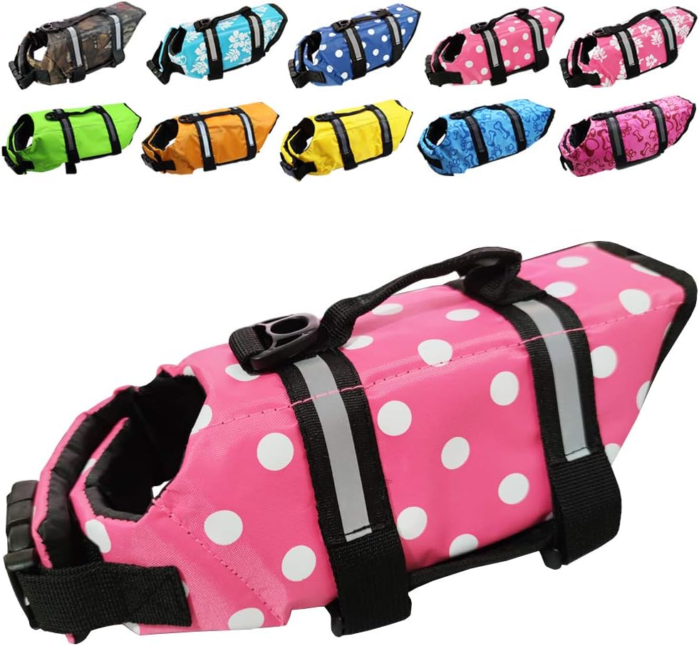 Dog Life Jacket Easy-Fit Adjustable Belt Pet Saver Swimming Safety Swimsuit Preserver with Reflective Stripes for Doggie (S, Flowers and Blue)