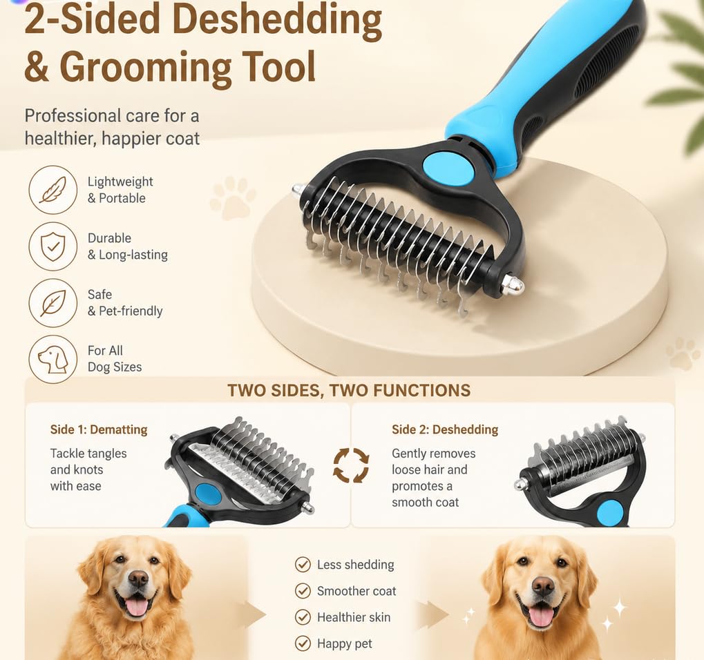 Dog Pro Grooming Tool - Dual-Sided Deshedding Dog Brush and Dematting Comb for Dogs & Cats, Undercoat Rake for Dogs, Comfortable Pet Grooming Brush, Dog Grooming Supplies