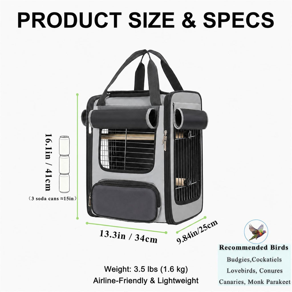 Bird Carrier Backpack, Breathable 3-Side Metal Mesh Bird Cage with Skylight, Large Opening Portable Travel Pet Cage for Parrot, Parakeet, Wildbird,Gray,Luxury