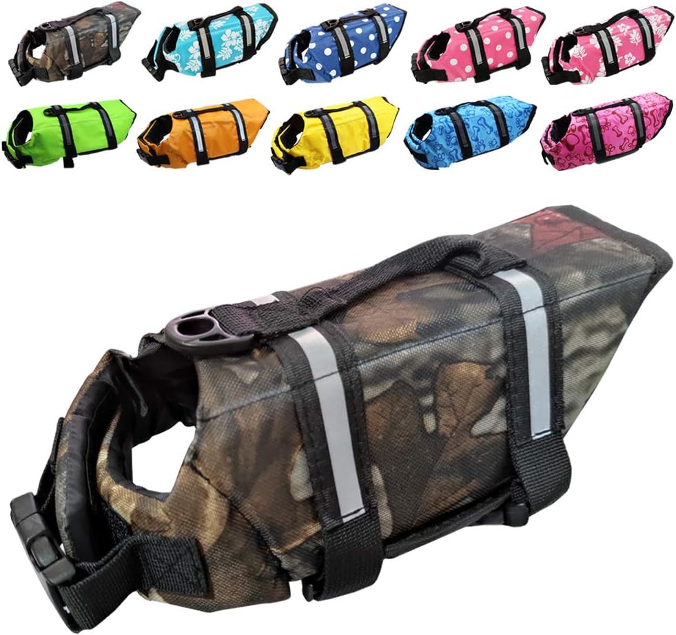 Dog Life Jacket Easy-Fit Adjustable Belt Pet Saver Swimming Safety Swimsuit Preserver with Reflective Stripes for Doggie (S, Flowers and Blue)