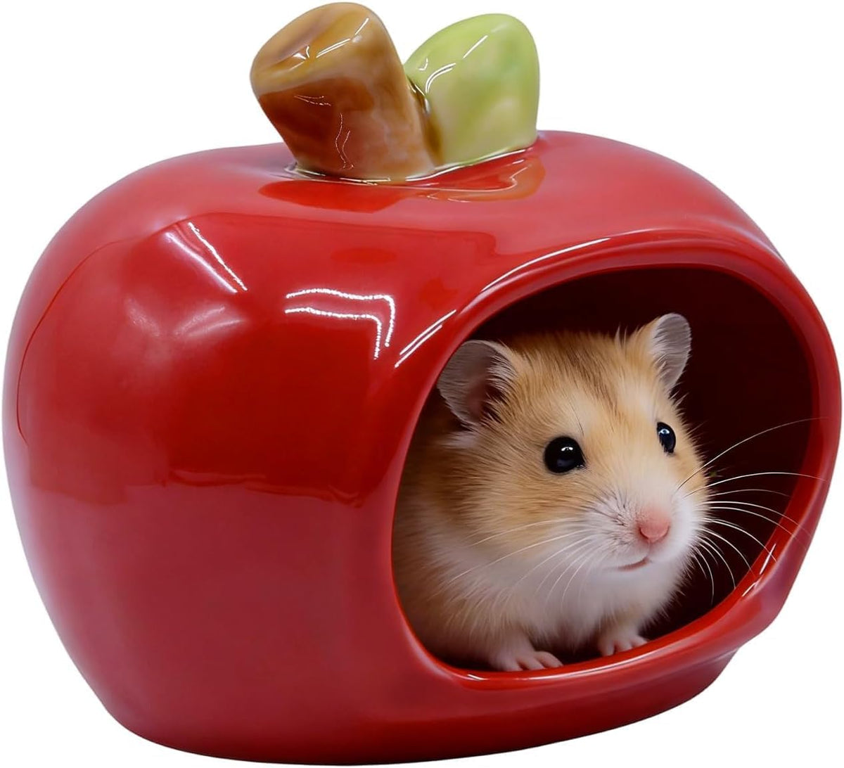 RUIAN Hamster Hideout - Ceramic Hamster Hide for Syrian and Dwarf Hamsters, Hamster House and Hamster Sand Bath Cave, Gerbil Hideout for Small Animal Cage Accessories (Red)