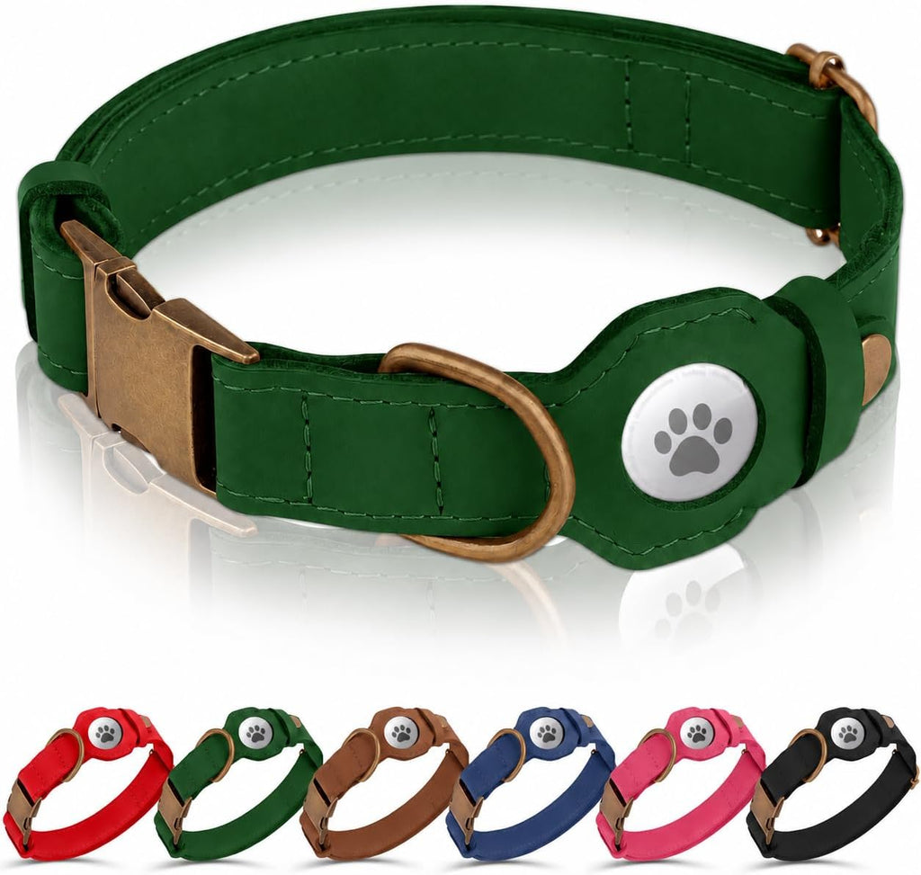 Dog Collar with AirTag Holder - Genuine Leather Dog Collar with Metal Buckle and Compatible with Air Tag - Smart GPS Tracking Pet Collars (Dark Green, S, 12"-15" Neck Fit)
