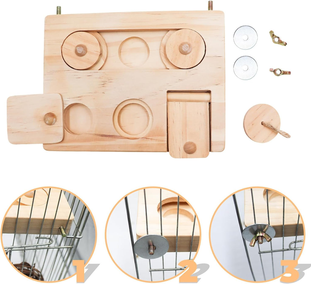 Wooden Bird Foraging Puzzle – Interactive Food Challenge Toy with Sliding Blocks & Locks | Cage-Mounted Enrichment for Budgies, Cockatiels, Conures