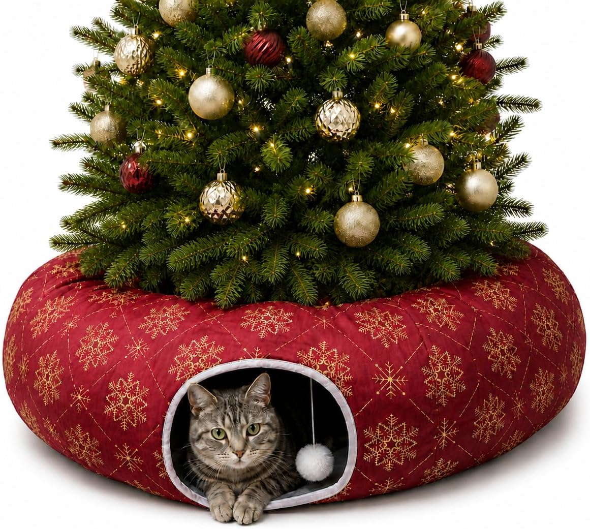 Plush Cat Tunnel Bed, Snowflake Pattern, White